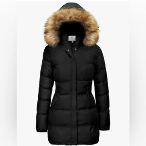 New! Black Puffer Coat with Faux Fur Hood.